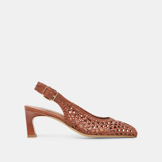 Dolce Vita REMLA Tan Woven Leather Peep-Toe Kitten Heel