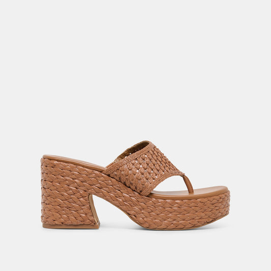Dolce Vita RIPPLE Mid Brown Raffia Platform Thong Block Heel