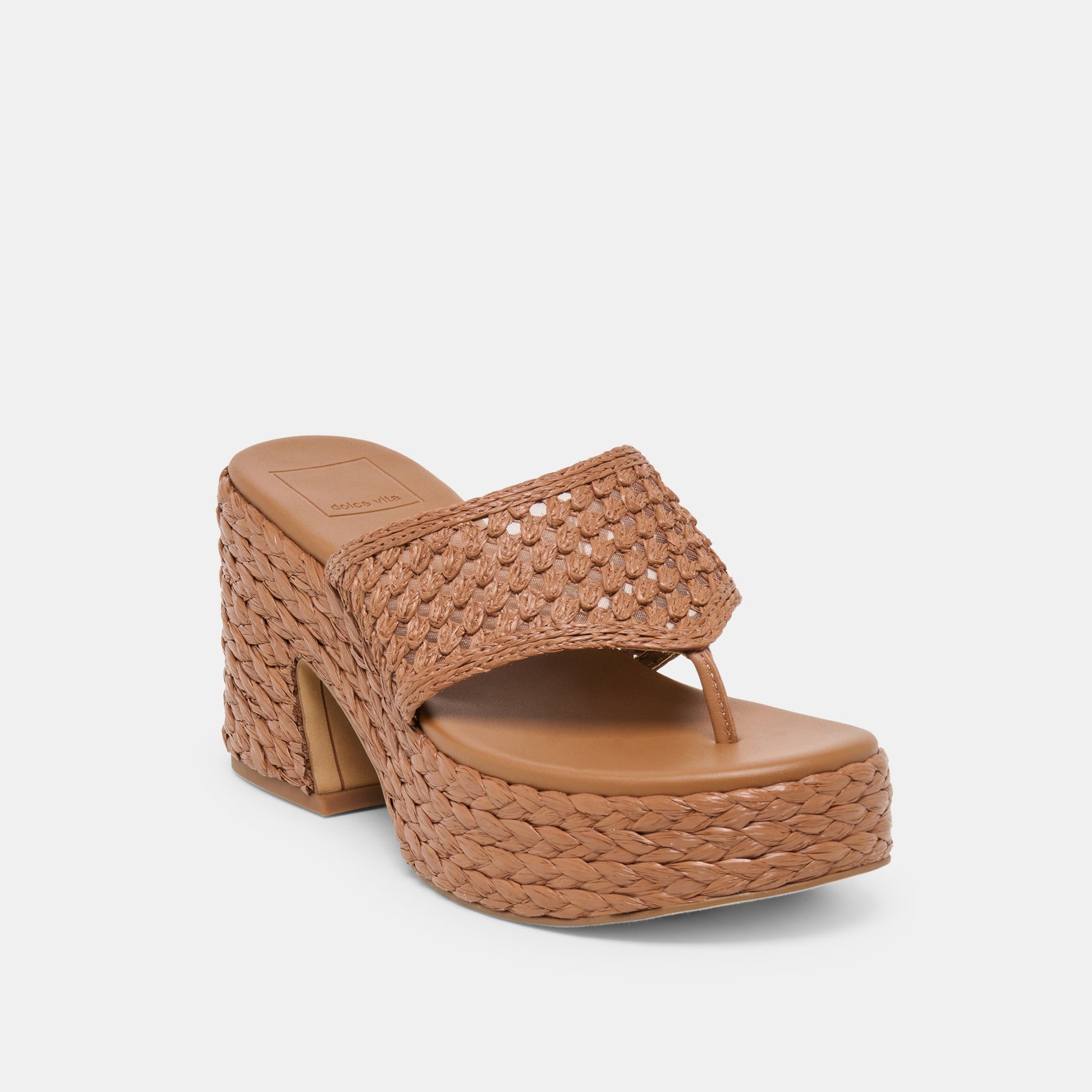 Dolce Vita RIPPLE Mid Brown Raffia Platform Thong Block Heel