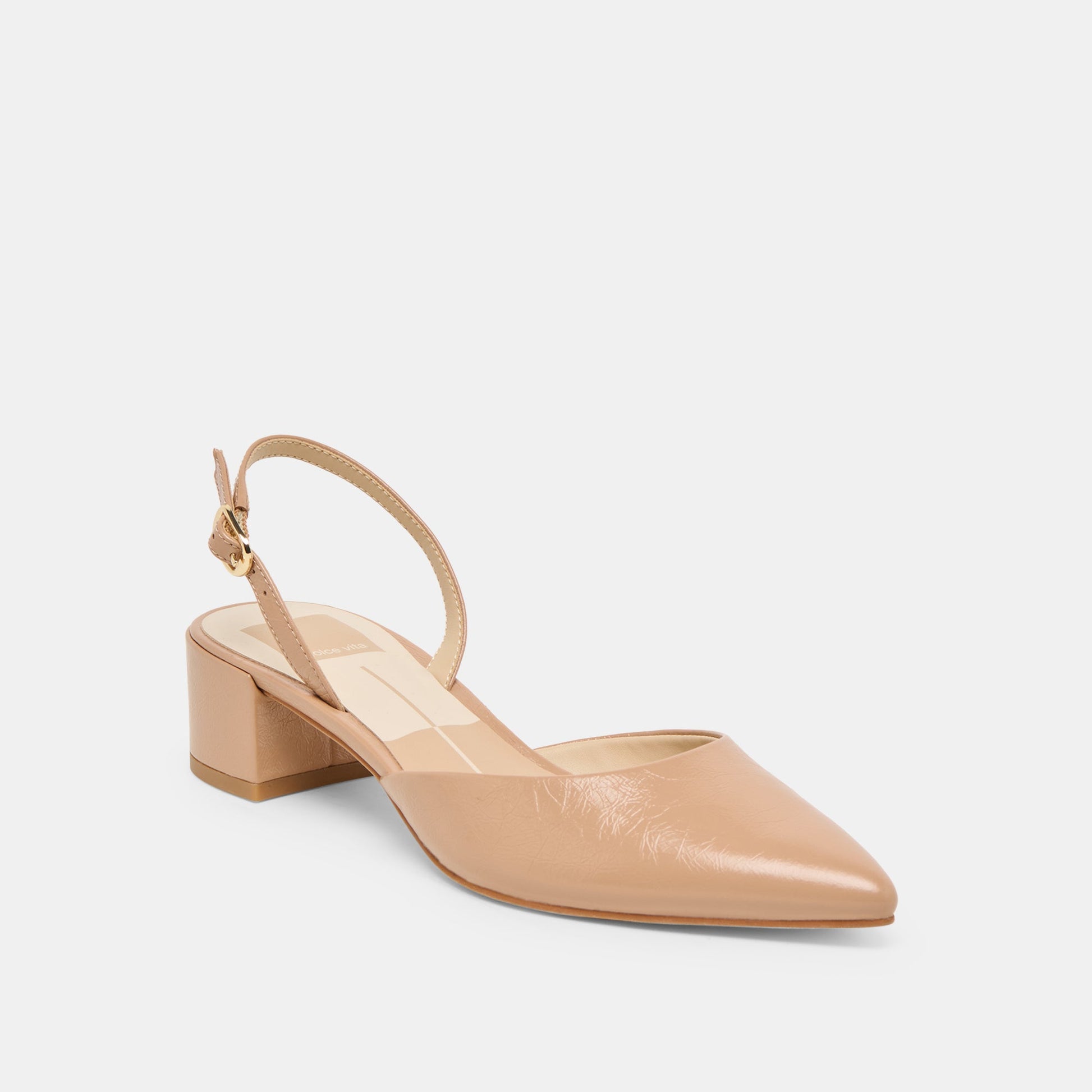 Dolce Vita Carel Wide Lt Tan Crinkle Patent Leather Heels
