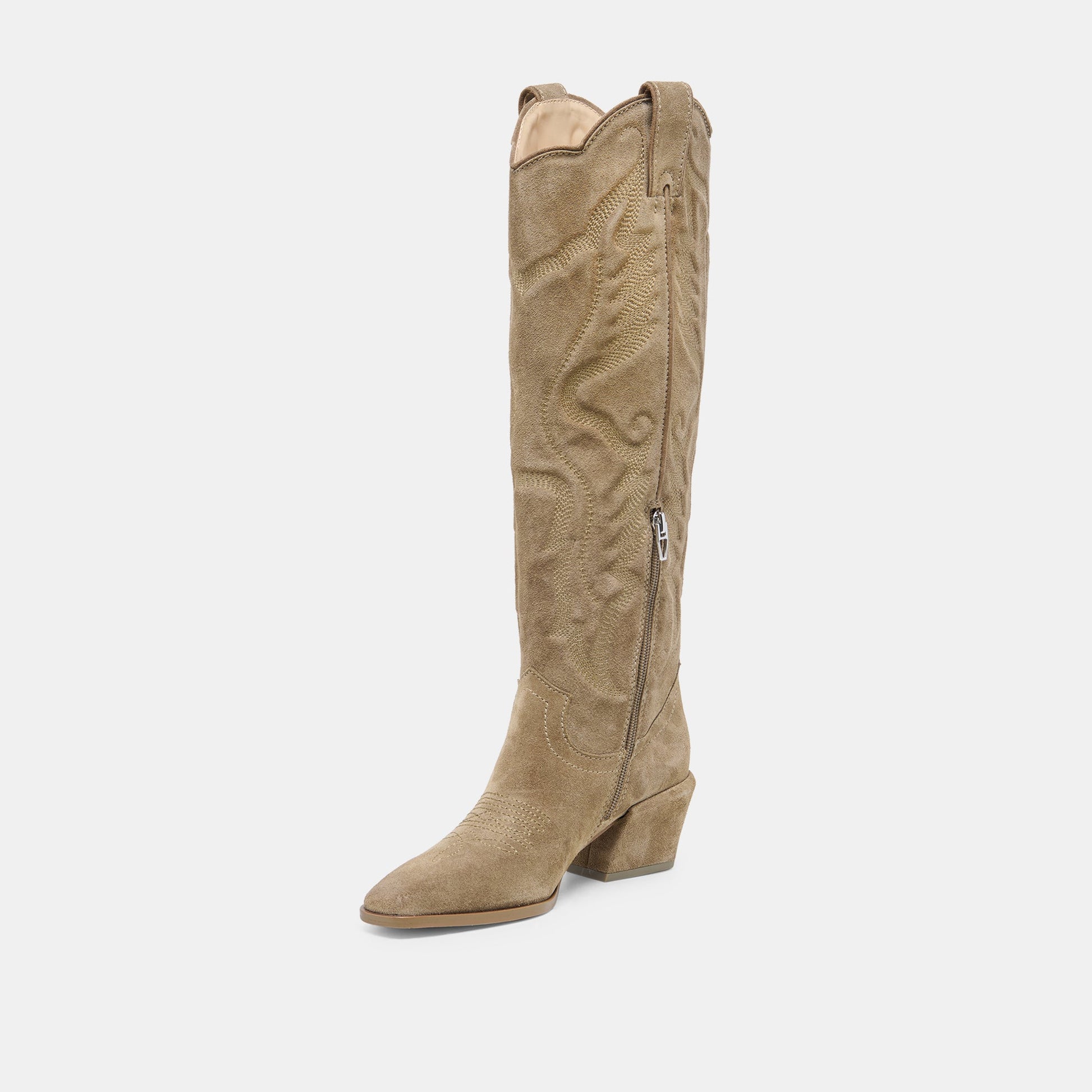 Dolce Vita LUNI Taupe Suede Knee-High Pointed Toe Western Boots