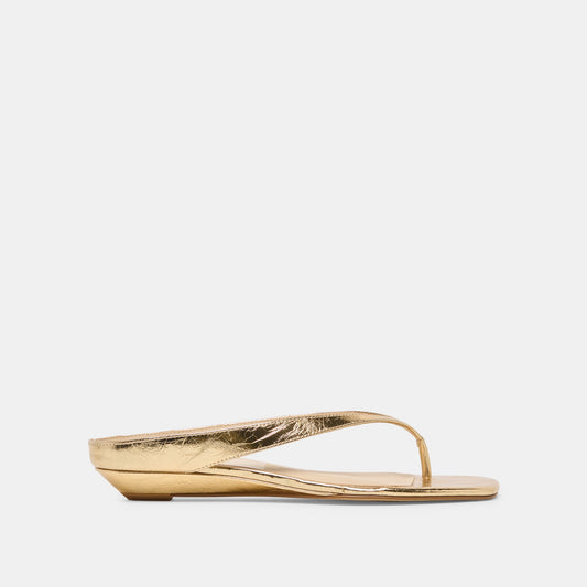 Dolce Vita GIZEL Gold Crinkle Patent Thong Square-Toe Sandals