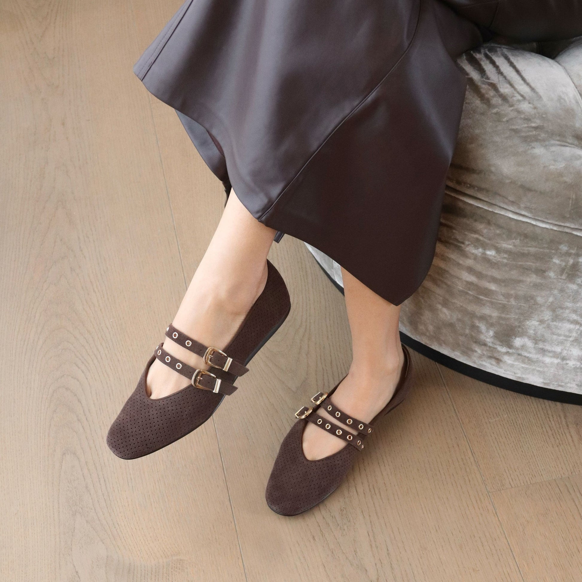Dolce Vita Baylee Grommet Dk Brown Perforated Suede Ballet Flats