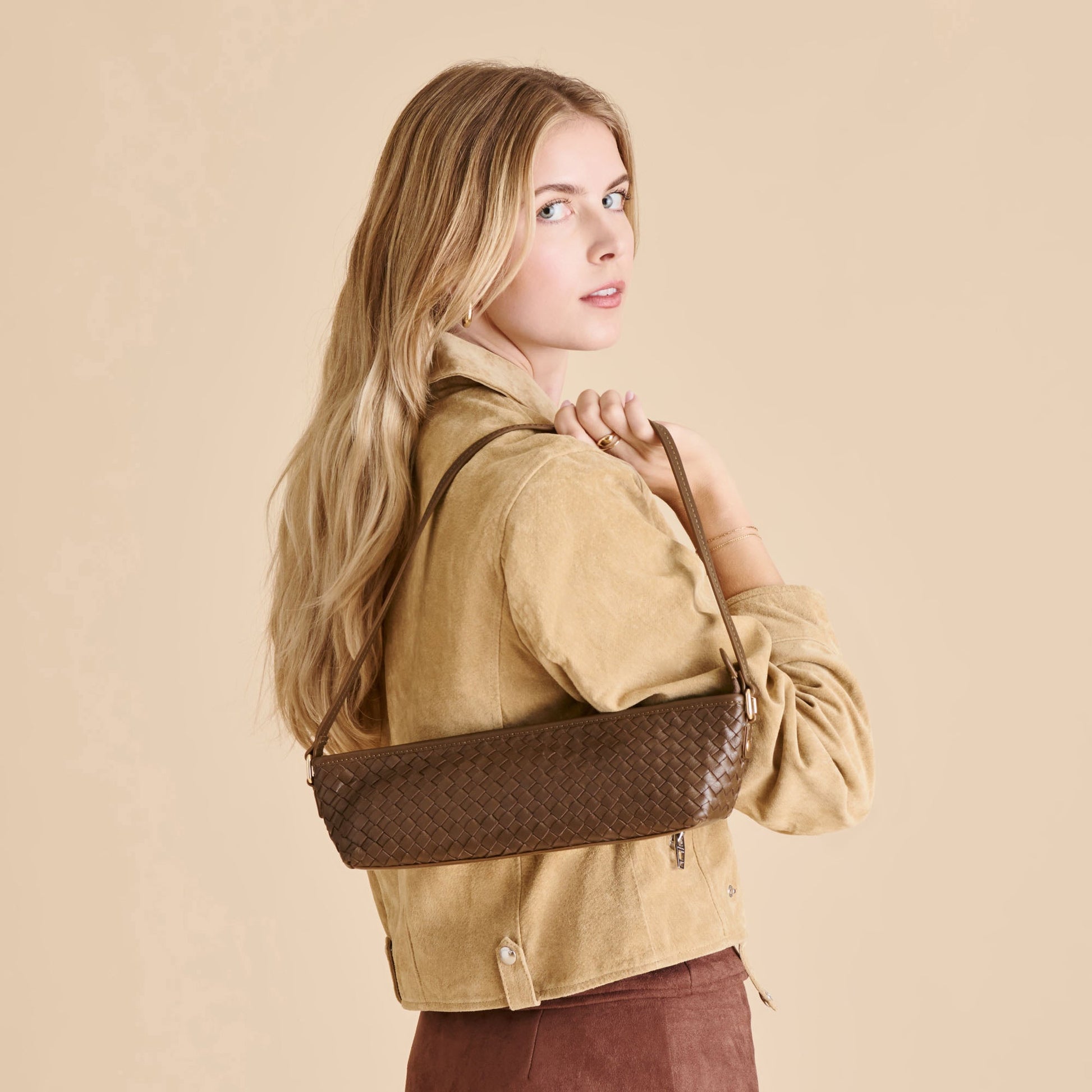 Dolce Vita Savaii Brown Woven Leather Shoulder Bag