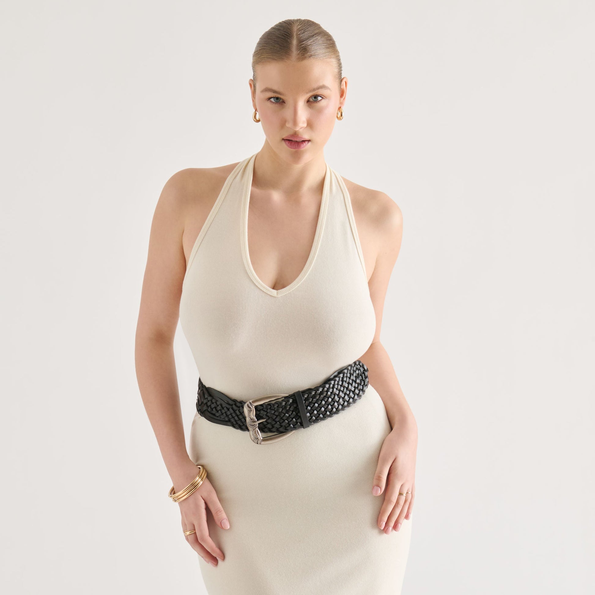 Dolce Vita Western Black Woven Leather Belt with Silver Buckle