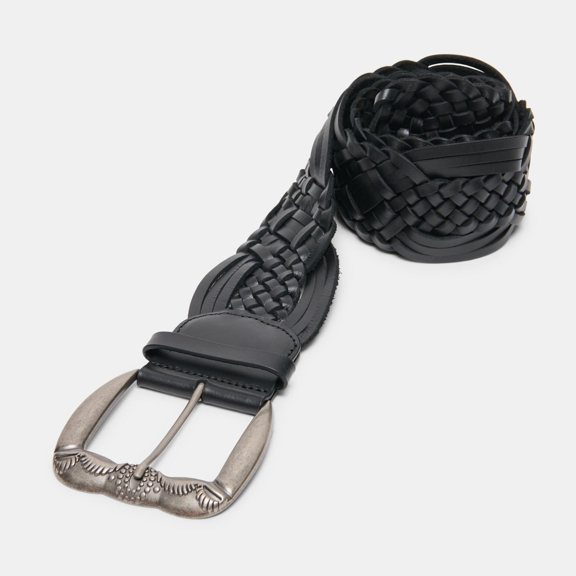 Dolce Vita Western Black Woven Leather Belt with Silver Buckle