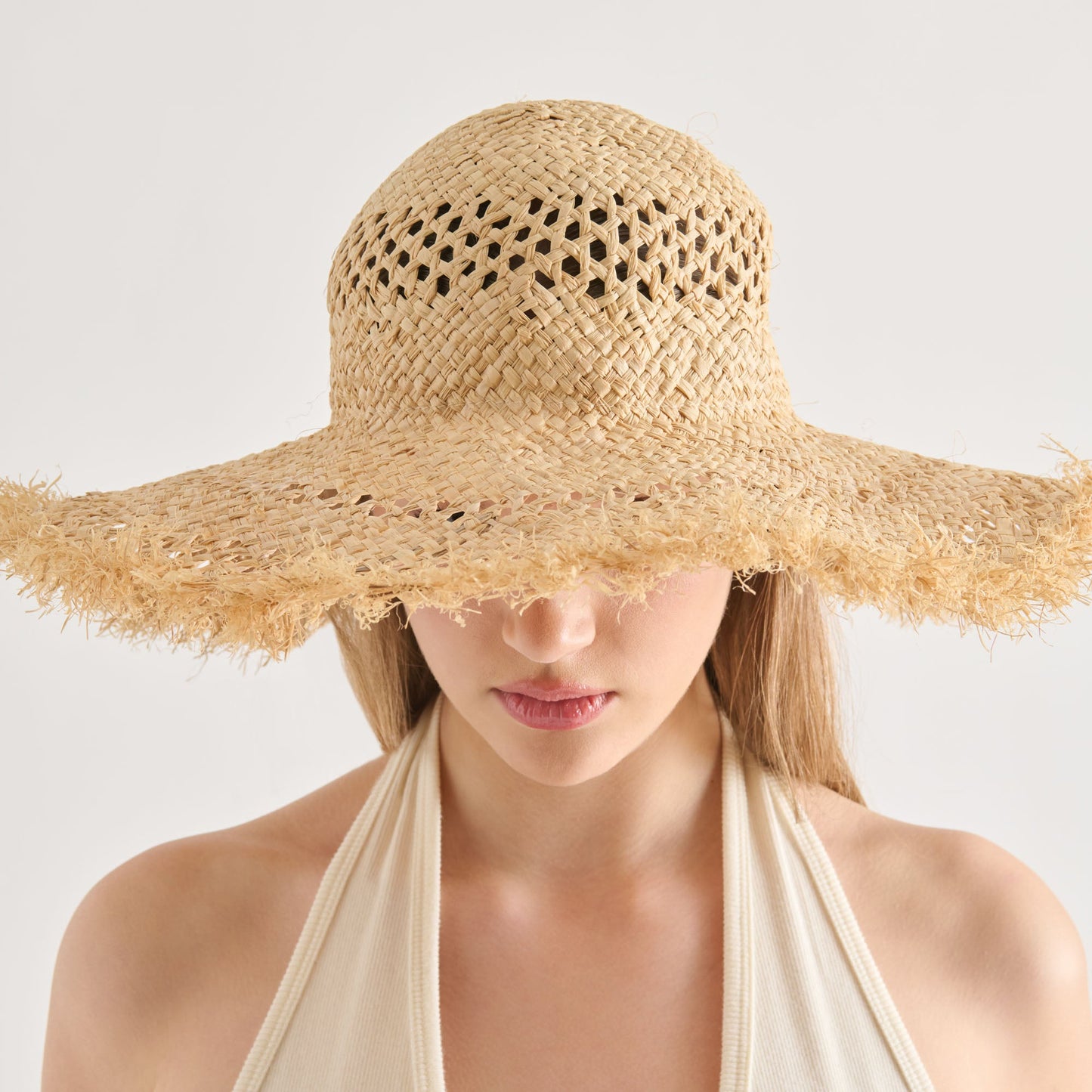 Dolce Vita Open Weave Tan Sunhat with Frayed Edge