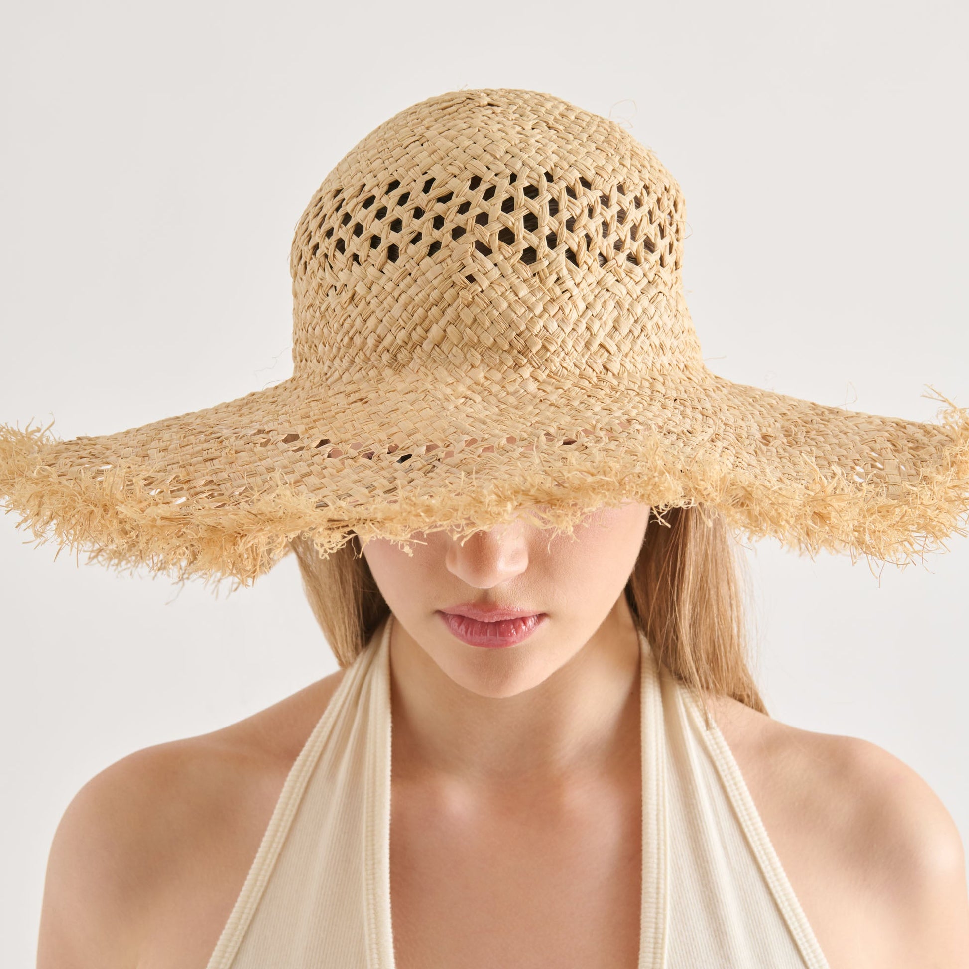 Dolce Vita Open Weave Tan Sunhat with Frayed Edge