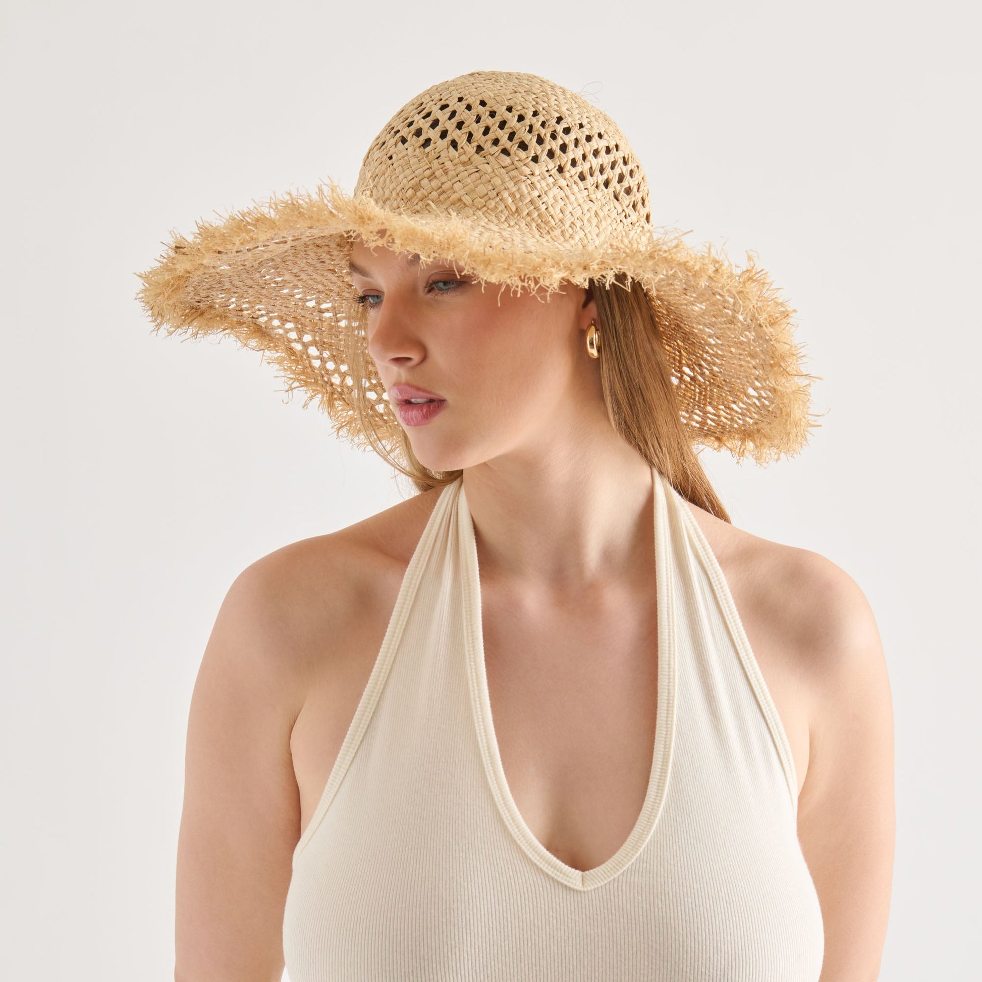 Dolce Vita Open Weave Tan Sunhat with Frayed Edge