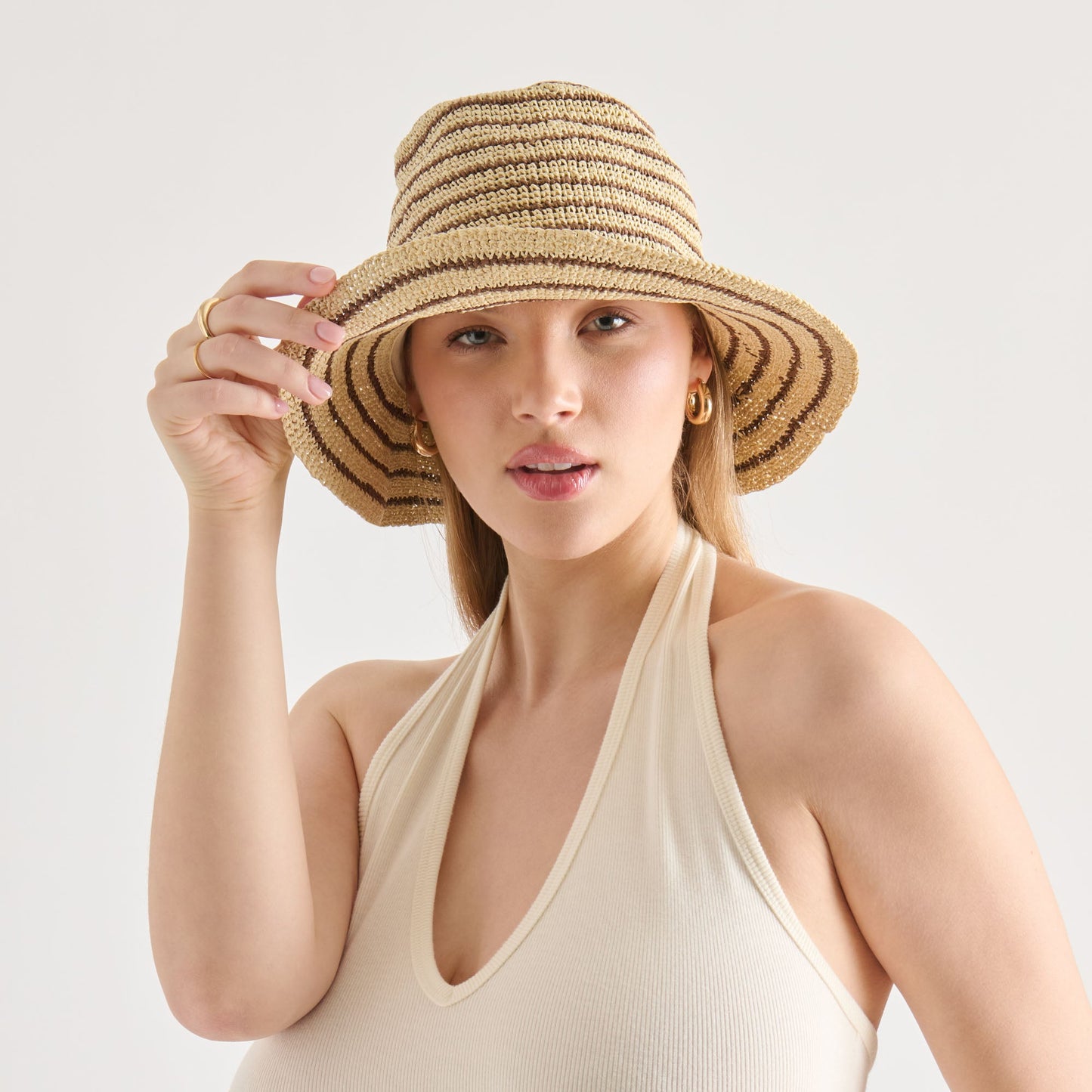 Dolce Vita Striped Brown Natural Straw Cloche