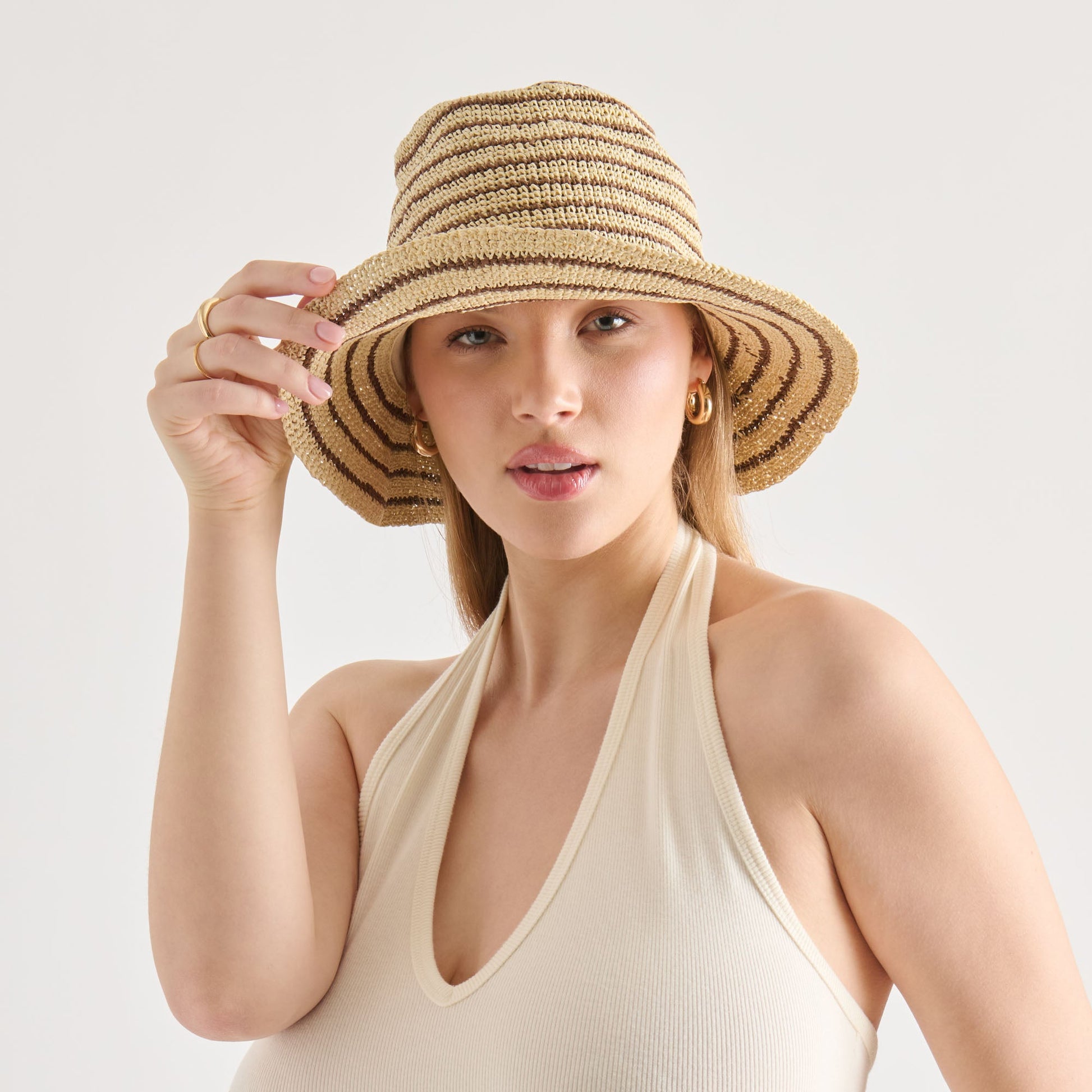 Dolce Vita Striped Brown Natural Straw Cloche