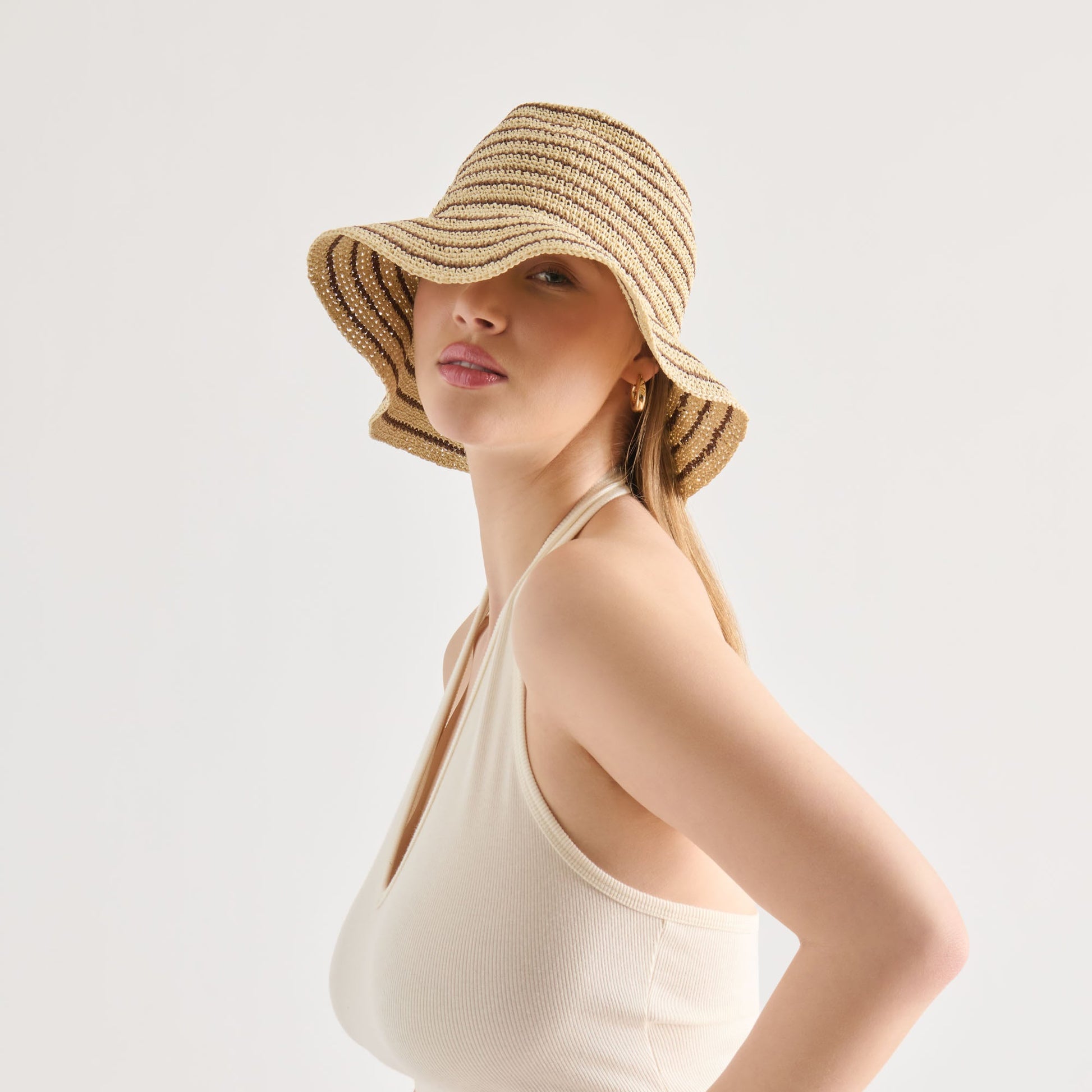Dolce Vita Striped Brown Natural Straw Cloche