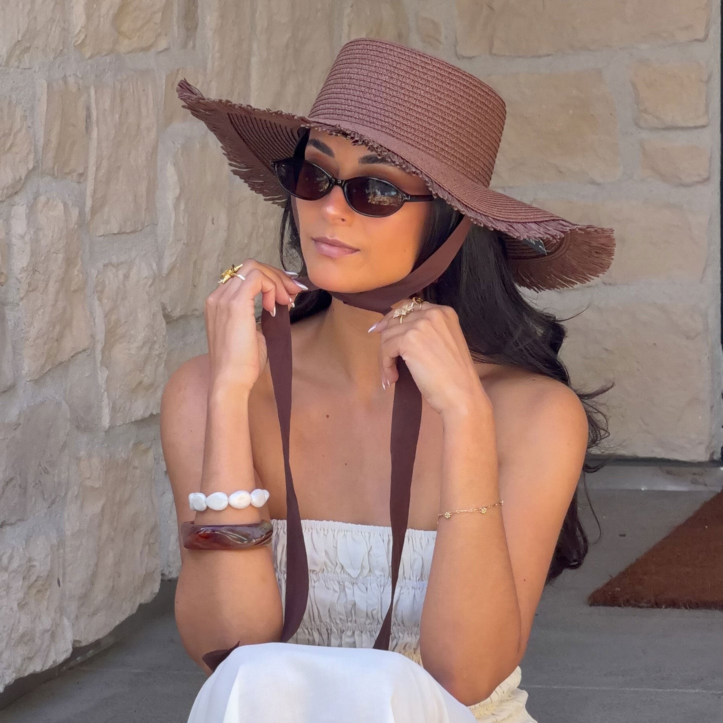 Dolce Vita Floppy Dark Brown Sunhat with Ribbon and Frayed Edge