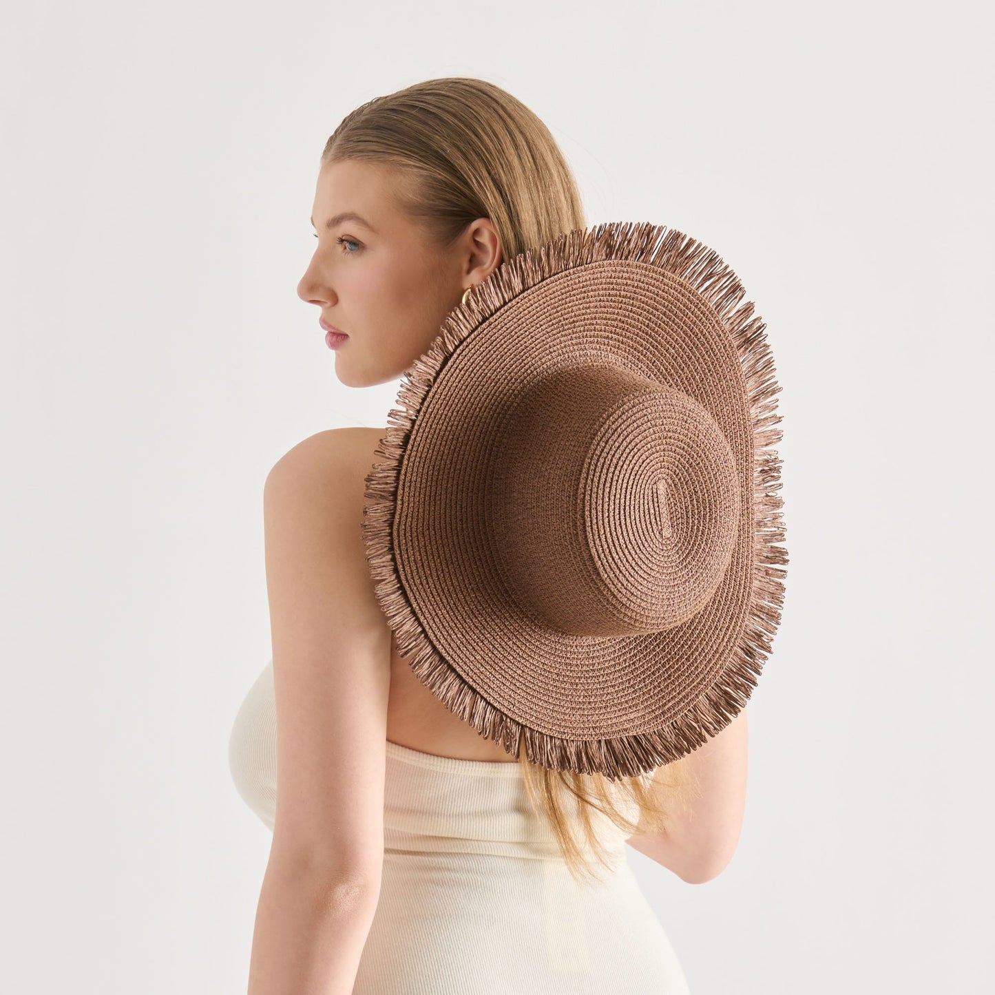 Dolce Vita Floppy Dark Brown Sunhat with Ribbon and Frayed Edge