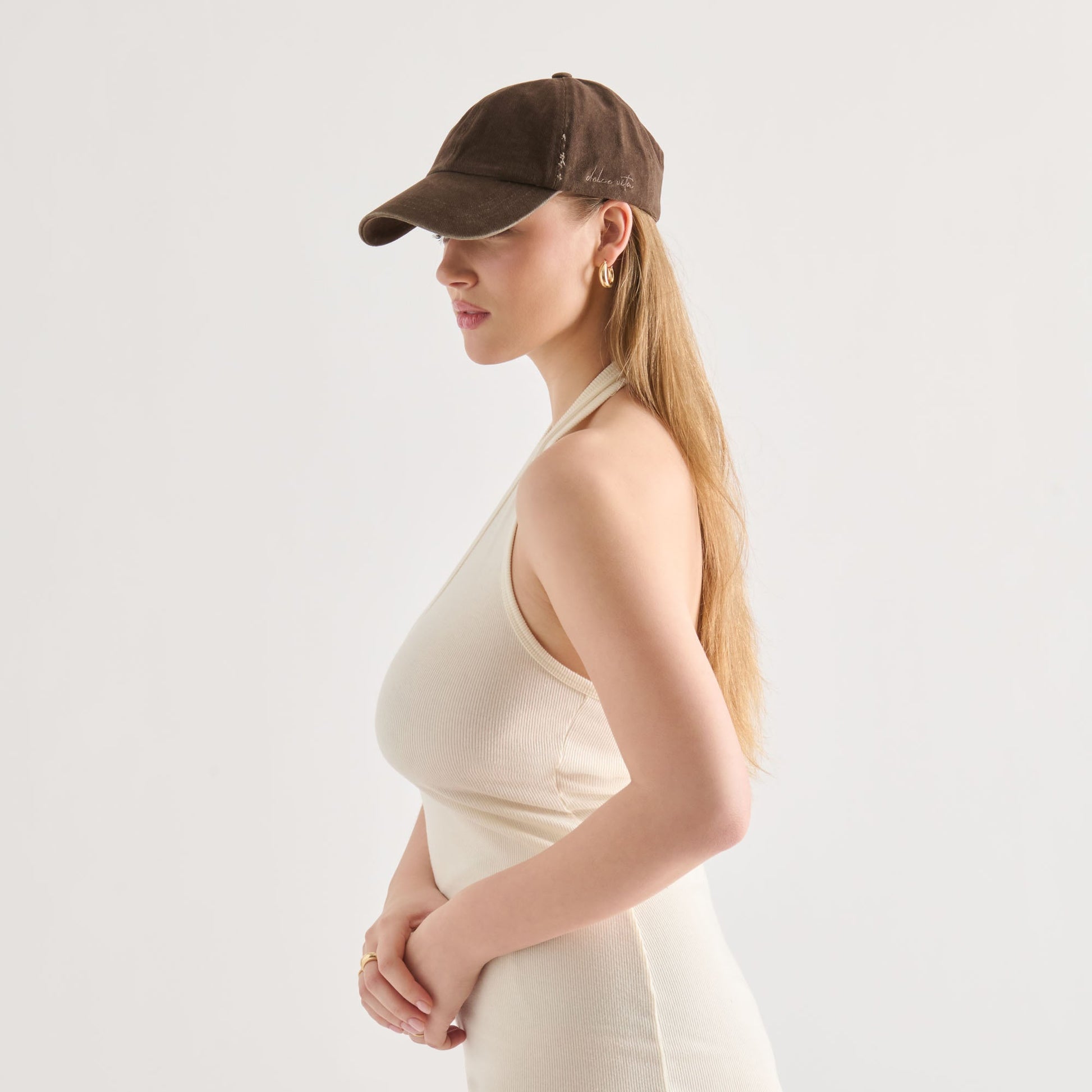 Dolce Vita Distressed Dark Brown Baseball Cap with Embroidery