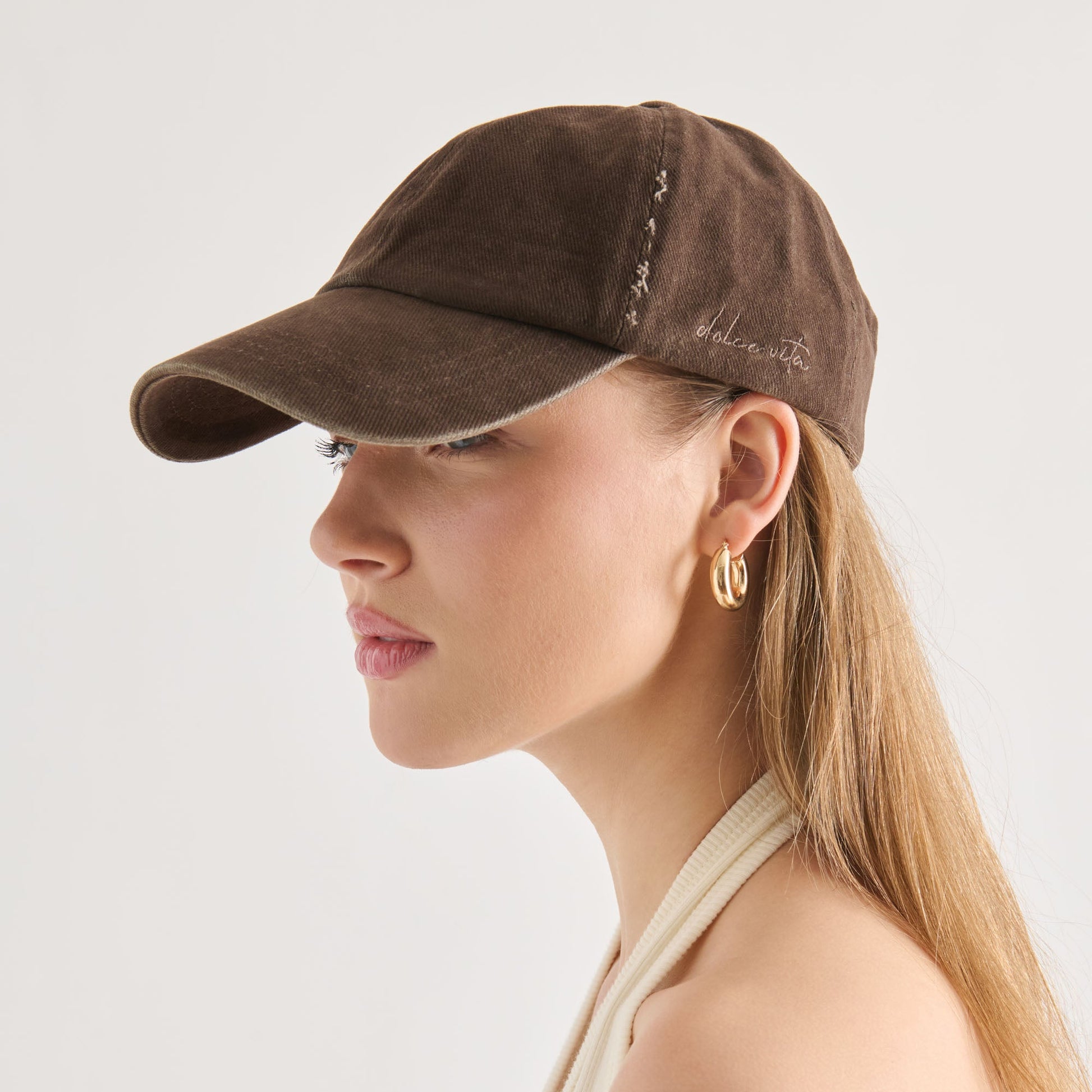 Dolce Vita Distressed Dark Brown Baseball Cap with Embroidery