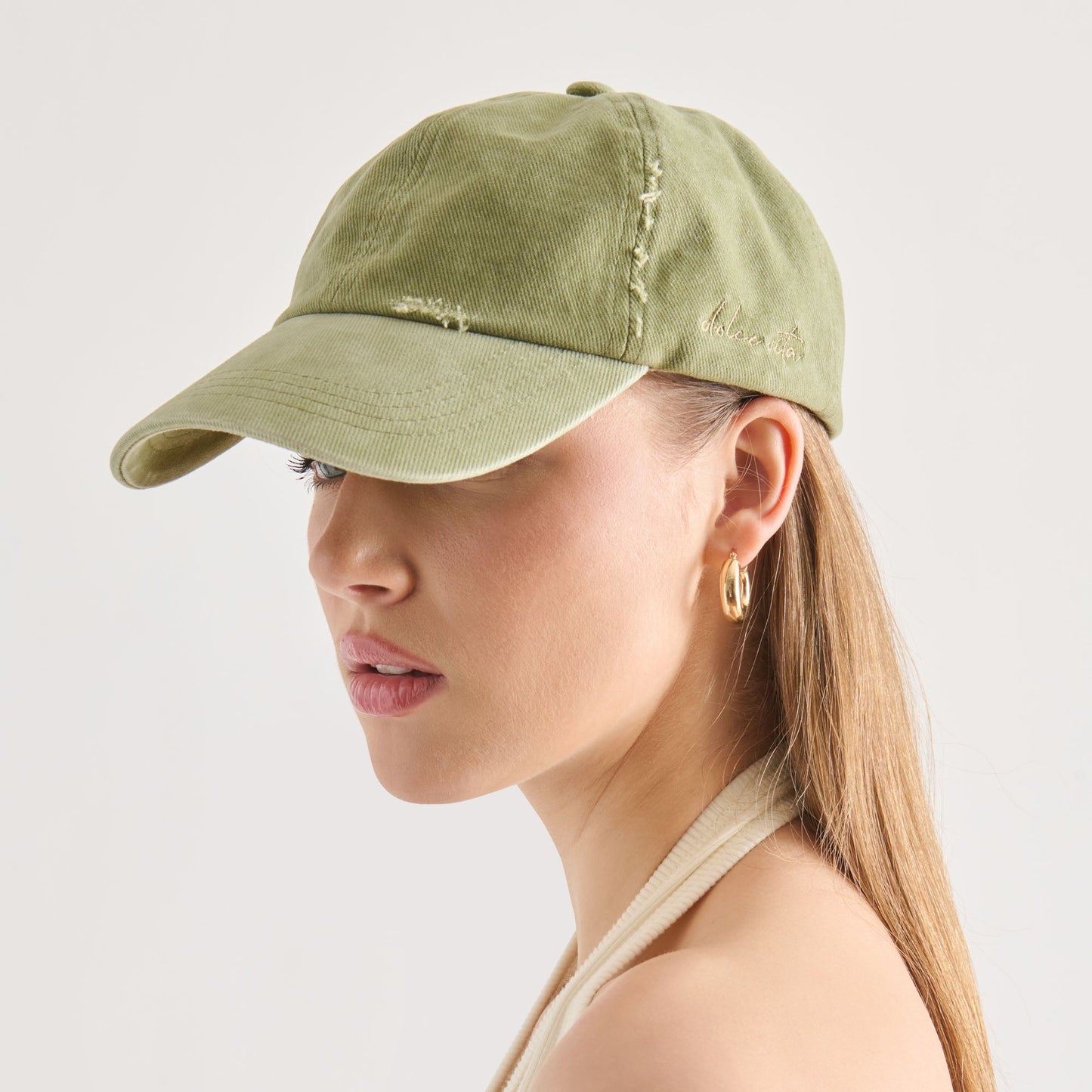 Dolce Vita Distressed Olive Baseball Cap with Embroidery