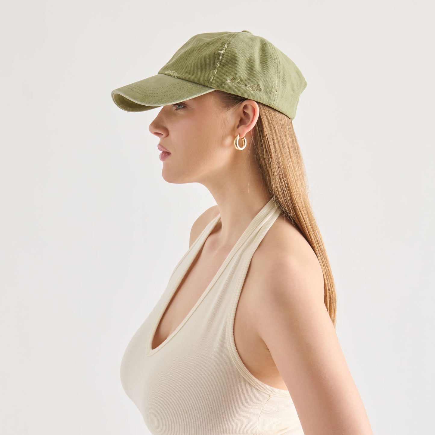 Dolce Vita Distressed Olive Baseball Cap with Embroidery